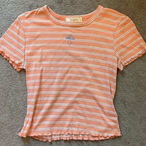 No Comment Women's Striped Short Sleeve Tee - Peach with mushroom design